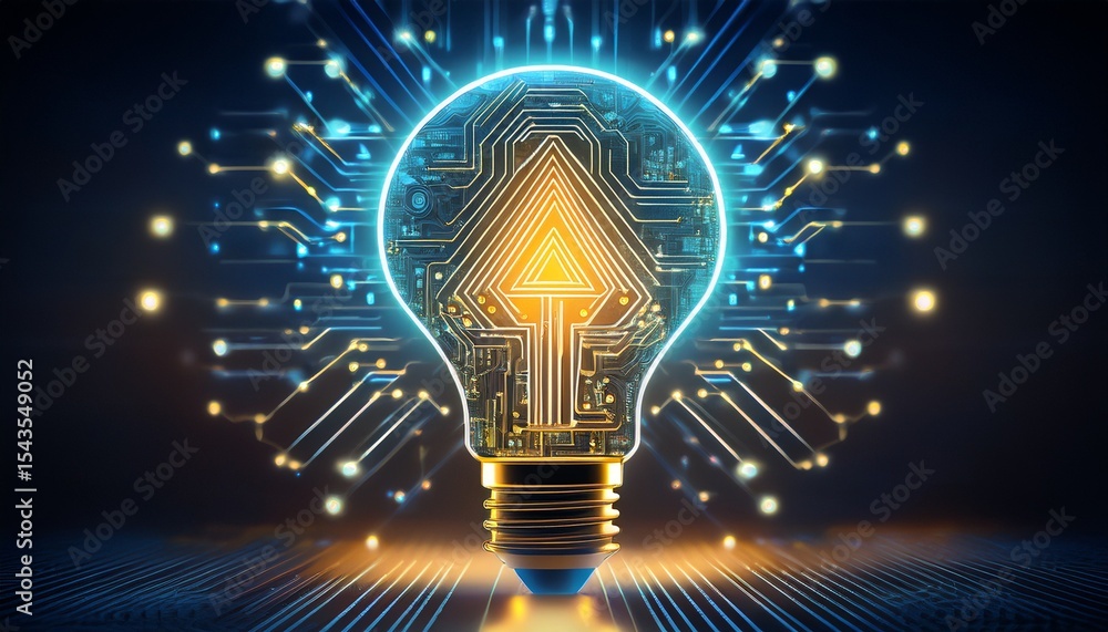 Poster a glowing lightbulb formed from circuit board pathways symbolizes innovative digital solutions and t