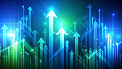 Dynamic abstract financial background with arrows, charts, and glowing grid lines, blue and green color scheme"