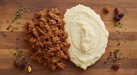 Top view of Seswaa (shredded slow-cooked beef) served with pap (maize porridge), arranged off-center using rule of thirds, rustic wooden background 2