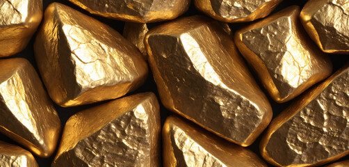 Abstract background. Gold rocks are all different shaped. Golden coated rocks are arranged together...