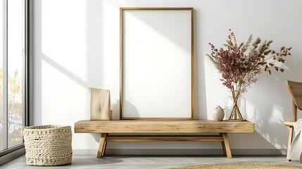 Light Wood Bench with Framed Art, Vase, Basket, and Wooden Objects in Minimalist Room
