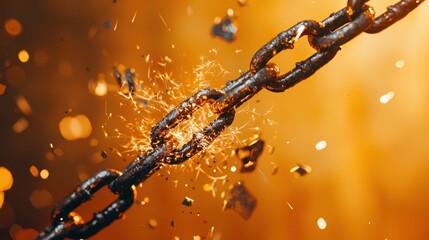 Chain breaks apart with sparks flying in a fiery background during an intense industrial scene