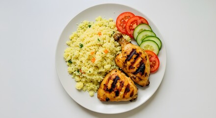 Flat lay of Atti&eacute;k&eacute; (cassava couscous) with grilled chicken, tomatoes, and cucumbers, plated off-center using rule of thirds 1