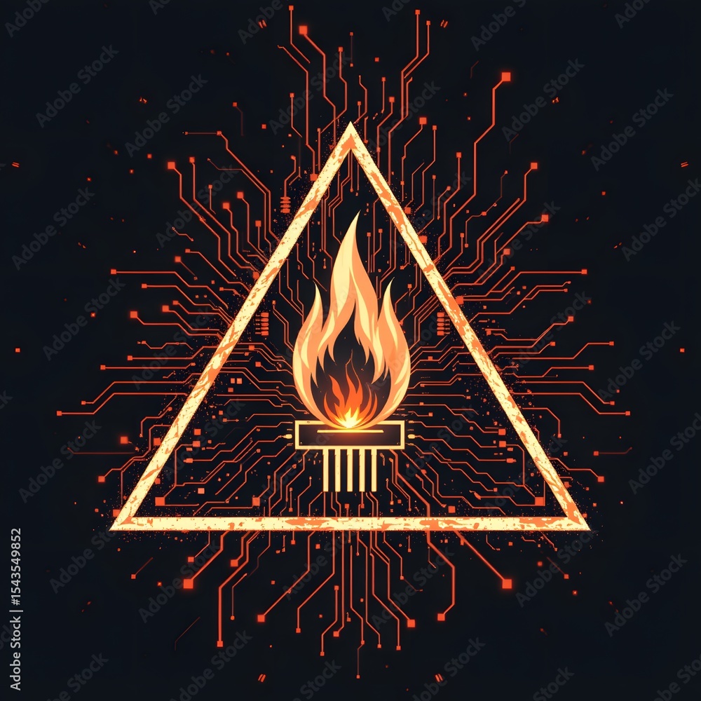 Poster digital fire: a burning flame inside a golden triangle, symbolizing energy and knowledge. the circui