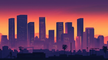 Fototapeta premium Vibrant skyline at sunset showcasing towering buildings and colorful hues over an urban landscape