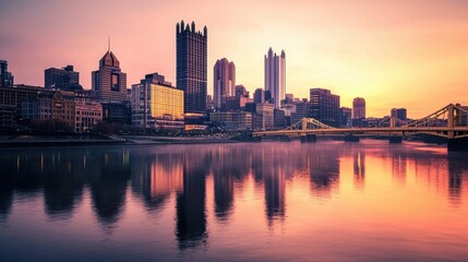 City skyline reflects on water at sunset in Pittsburgh with skyscrapers and bridges illuminating the tranquil river