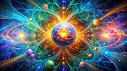 Obraz premium A Cosmic Dance of Celestial Bodies and Energetic Filaments, a Vibrant Symphony of Light and Color in the Vast Expanse of the Universe