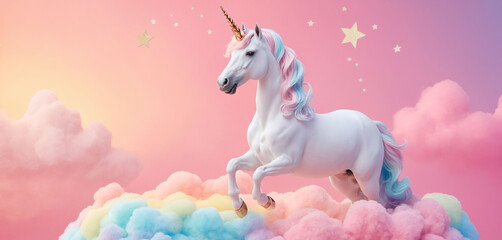A white unicorn on top of a rainbow colored cloud.