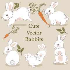 Cute White Rabbits with Carrots Vector Isolated Elements Set