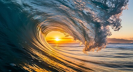 Ocean Wave Curving at Sunset with Golden Light Shining Through