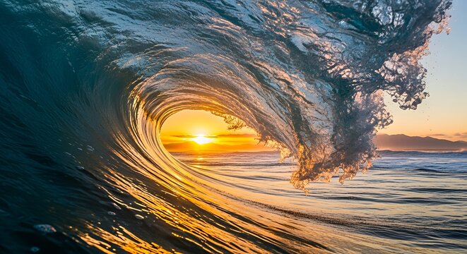 Ocean Wave Curving at Sunset with Golden Light Shining Through
