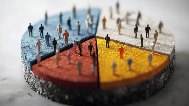 Diverse figures representing different demographics gathered on a segmented pie chart illustrating social dynamics in a modern setting