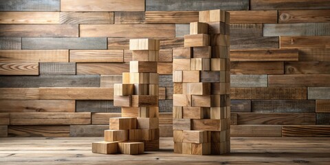 Wooden block structures against rustic wood background, architectural model, growth and development concept