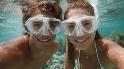Joyful Young Couple Enjoying Underwater Adventure while Snorkeling in Tropical Clear Water