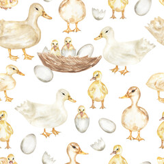Watercolor Duck and Duckling Seamless Pattern, cute farm animal repeat pattern