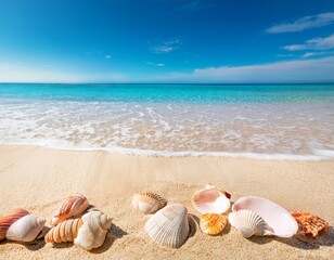 horizontal banner seashells on a sandy beach with turquoise water and a clear blue sky summer background copy space free space for text
