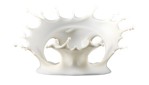 A dynamic splash of white milk or cream, forming an intricate crown shape as it hits a surface
