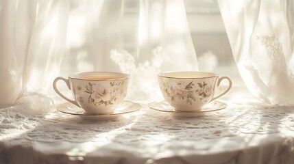 Fototapeta premium Two delicate china teacups sit on an antique lace tablecloth in front of bright.