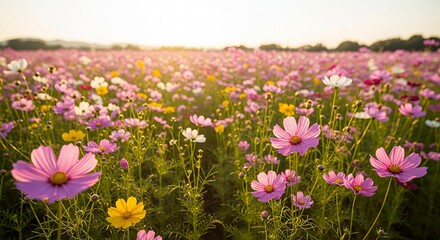 Obraz premium Cosmos Flower Field at Sunset with Soft Light and Natural Beauty