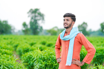 young indian farmer standing at green agricultural field