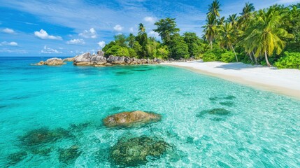 Naklejka premium Tranquil tropical beach with crystal clear water and lush greenery under a blue sky