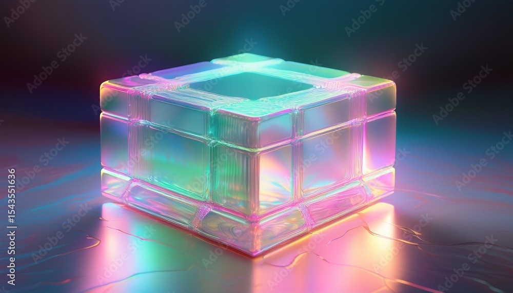 Poster a mystical iridescent block sits atop a textured surface illuminated by enchanting soft pink and gre