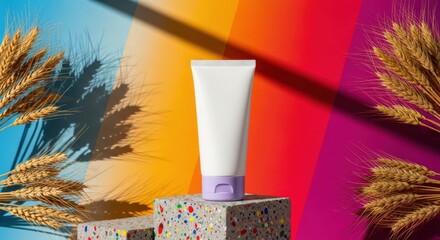 White cosmetic tube on colorful background with wheat
