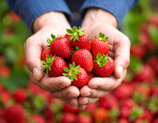 Freshly Picked Strawberries Held in Hands, Ready to Eat, Garden Background
