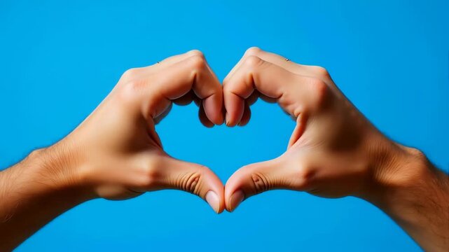 hands in the shape of heart on blue chroma key background bluescreen