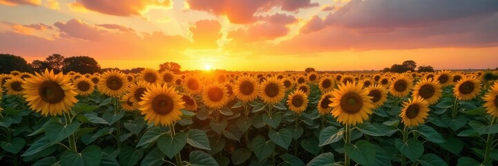 Overgrown sunflower field, towering stalks reaching towards a vibrant sunset sky Golden petals bathed in the warm evening light A breathtaking display of nature's beauty , texture, light