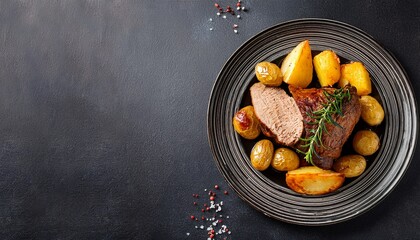 national day of belgium traditional belgian cuisine meat roast with potatoes dark gray background horizontal banner copy space free space for text