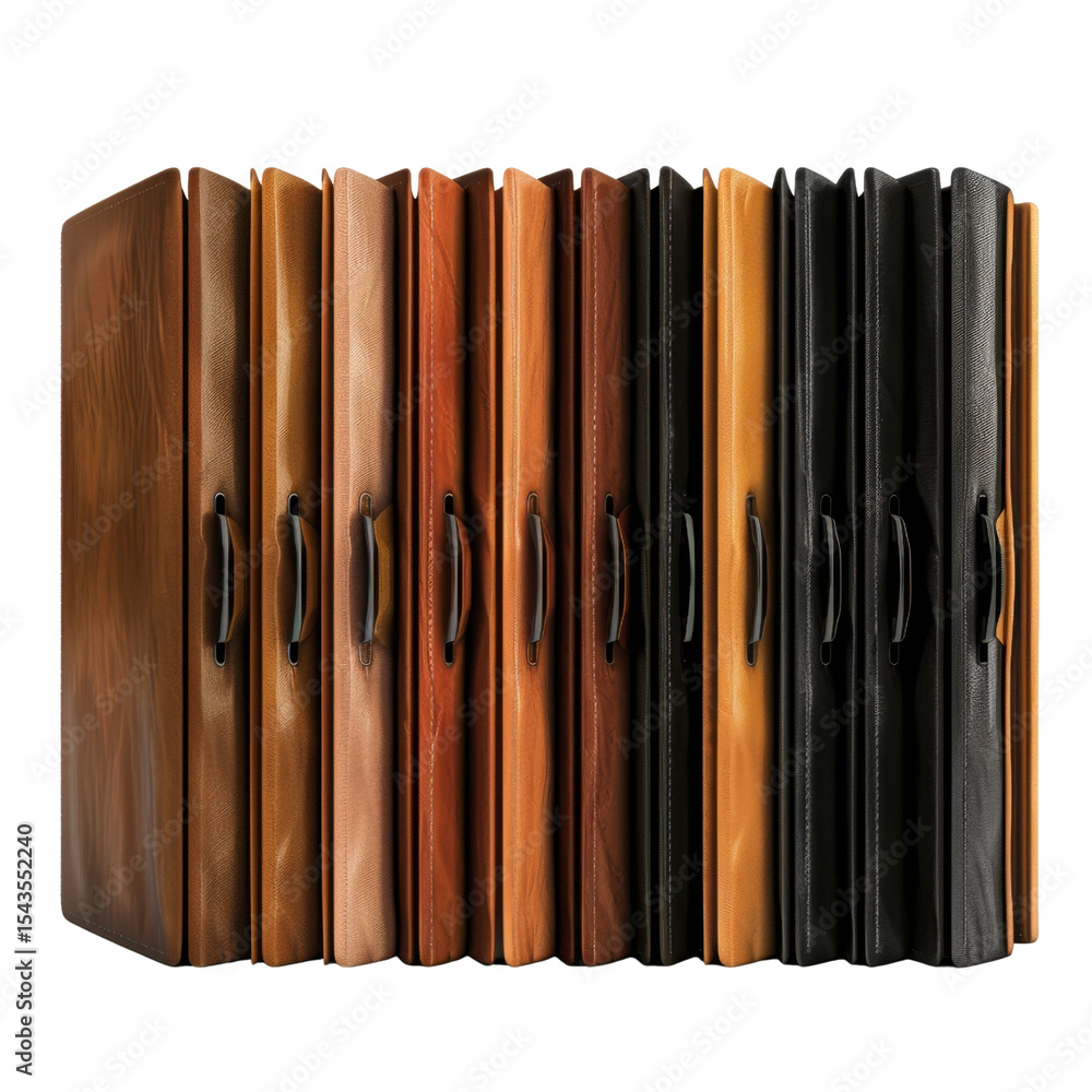 Poster elegant leather binders in various colors arranged neatly, showcasing range of textures and styles, 
