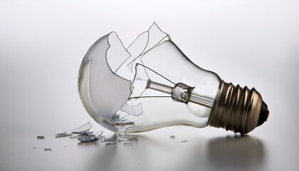 broken incandescent light bulb glowing softly against a white background