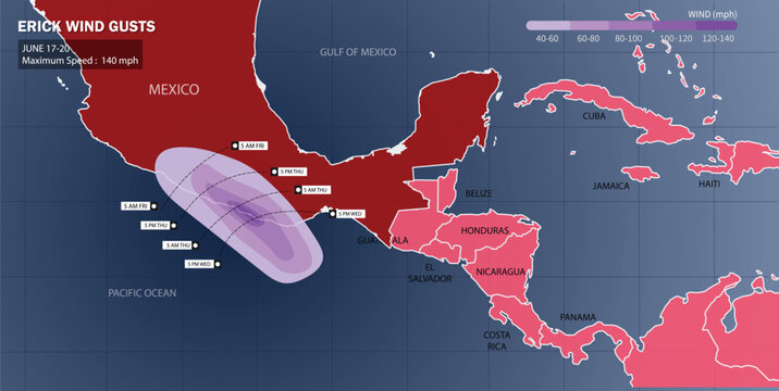 Hurricane Erick Wind Gust Map June 17&ndash;20. Path, Speed, Impact Forecast