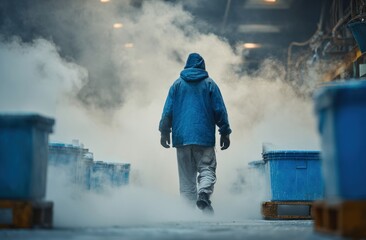 Hooded person walks through vaporfilled industrial area with blue crates