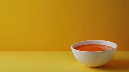 Bowls filled with vibrant orange soup placed against a bright yellow background