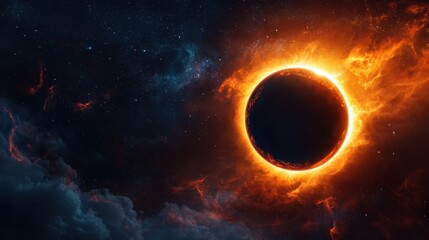 Fototapeta premium Majestic solar eclipse illuminating the night sky with vibrant colors and cosmic clouds at an enchanting location