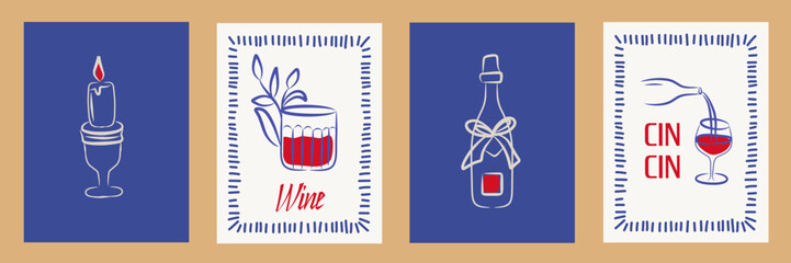 Elegant frame set vector minimal holiday invitation border, feminine doodle print, wine glass, candle, cocktail, alcohol drinks. Abstract poster design for wedding frame, wall art, branding, poster.