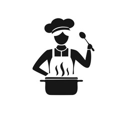 Woman chef cooking in kitchen pot with spoon