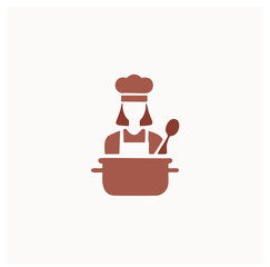 Woman chef cooking in pot with spoon icon