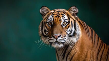 Naklejka premium Striking portrait of a majestic tiger with a blurred green background during a calm moment in a sanctuary