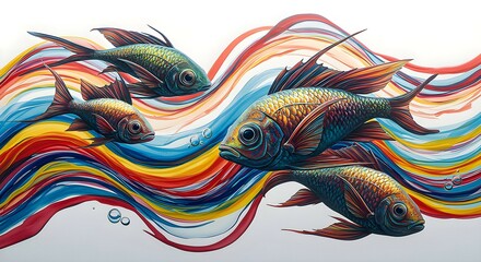 Abstract Colorful Fish in Wave Pattern  Modern Art
