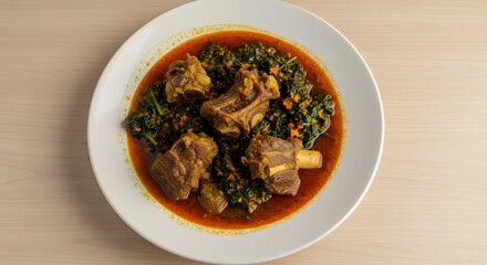 Top view of Egusi soup with goat meat and spinach, arranged asymmetrically on round white plate using rule of thirds