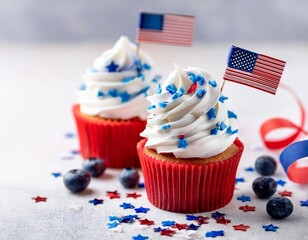 usa independence day blue berry cupcakes decorated with whipped cream confetti and sprinkles light background horizontal banner copy space free space for text