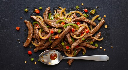 Flat lay of Moyo (fried beef strips with onion and pepper relish), spoon placed across lower third for balance 2