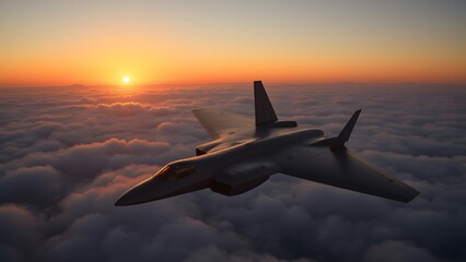 Fototapeta premium Stealth Aircraft Soaring Above Clouds At Sunset Golden Hour Flight Above The World Peaceful Sunset Scene