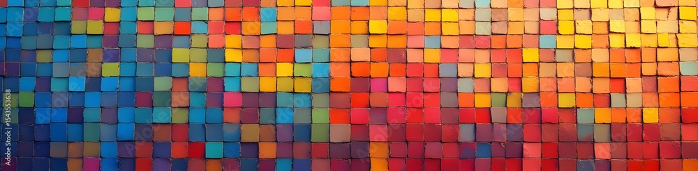 Poster vibrant hues in a captivating mosaic of colorful squares transition seamlessly from cool blues to wa