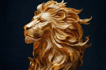 Detailed golden lion sculpture head portrait.