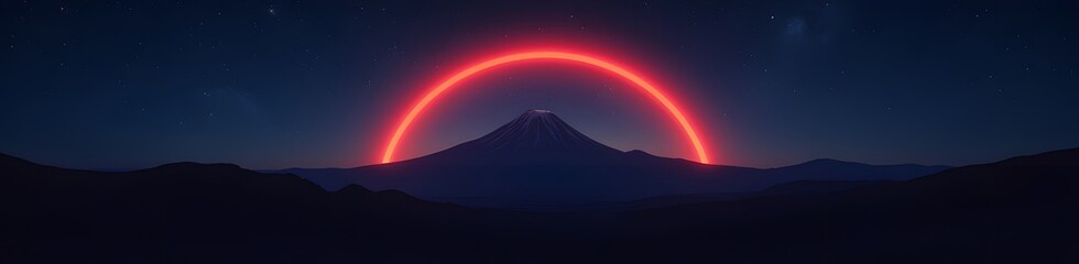 Majestic Mountain Silhouette Bathed in the Ethereal Glow of a Vibrant Red Arc Against a Starry Night Sky, a Breathtaking View