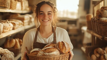 This image features a happy young baker holding a basket of freshly baked bread in a warm, rustic bakery, showcasing the joy of crafting bread and the artistry of baking.